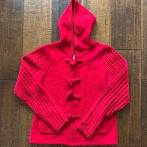 Coldwater Creek red wool zip up sweater with hood and toggle buttons, sz Medium